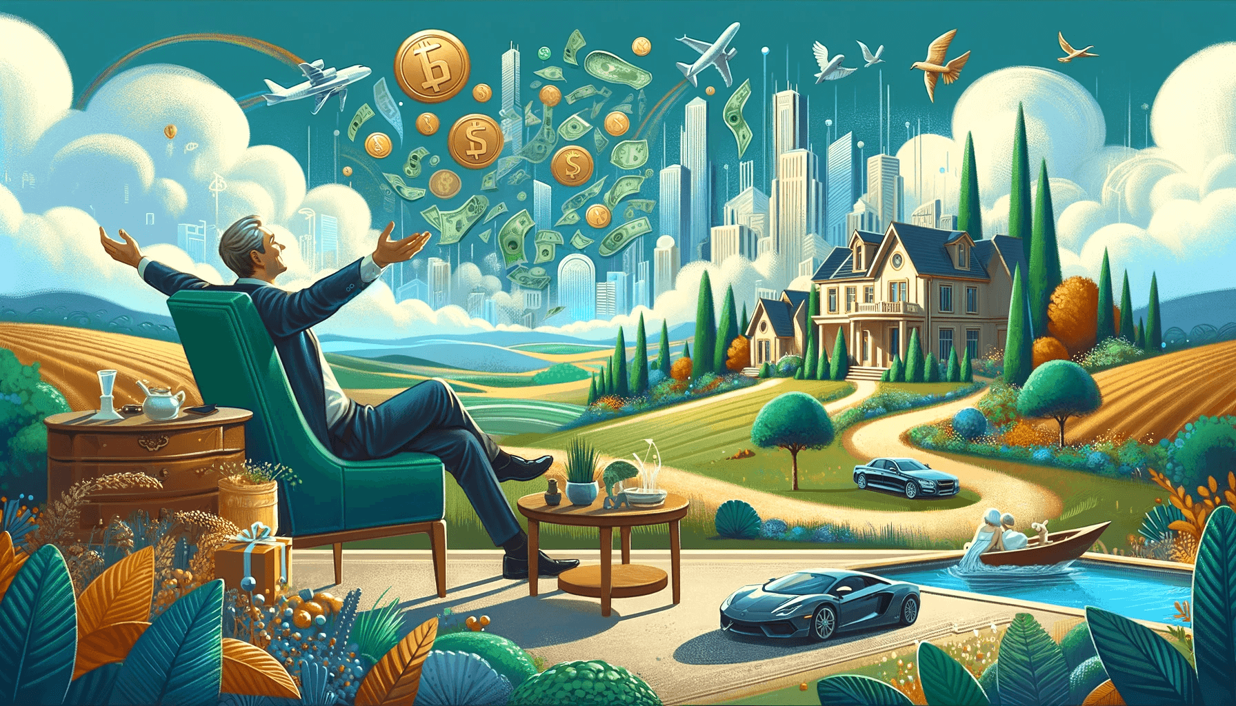 featured images depict an investor happily living in luxurious and serene settings, symbolizing bliss and financial success.