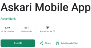 Askari Mobile App google app view with 4.7 star rating, 27.7 reviews, 1M plus downloads and rated for 3+
