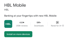 HBL Mobile Banking google app view with 4.8 star rating, 255K reviews 5M plus downloads and rated for 3+
