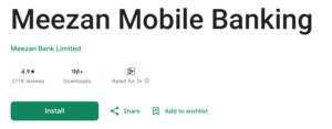 Meezan Mobile Banking google app view with 4.9 star rating, 271k reviews , 1M + downloads and rated for 3+
