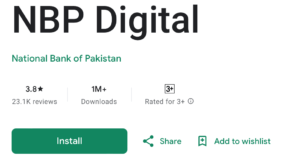 NBP Digital google app view with 3.8 star rating 23.1 k reviews, 1M plus downloads and rated for 3+