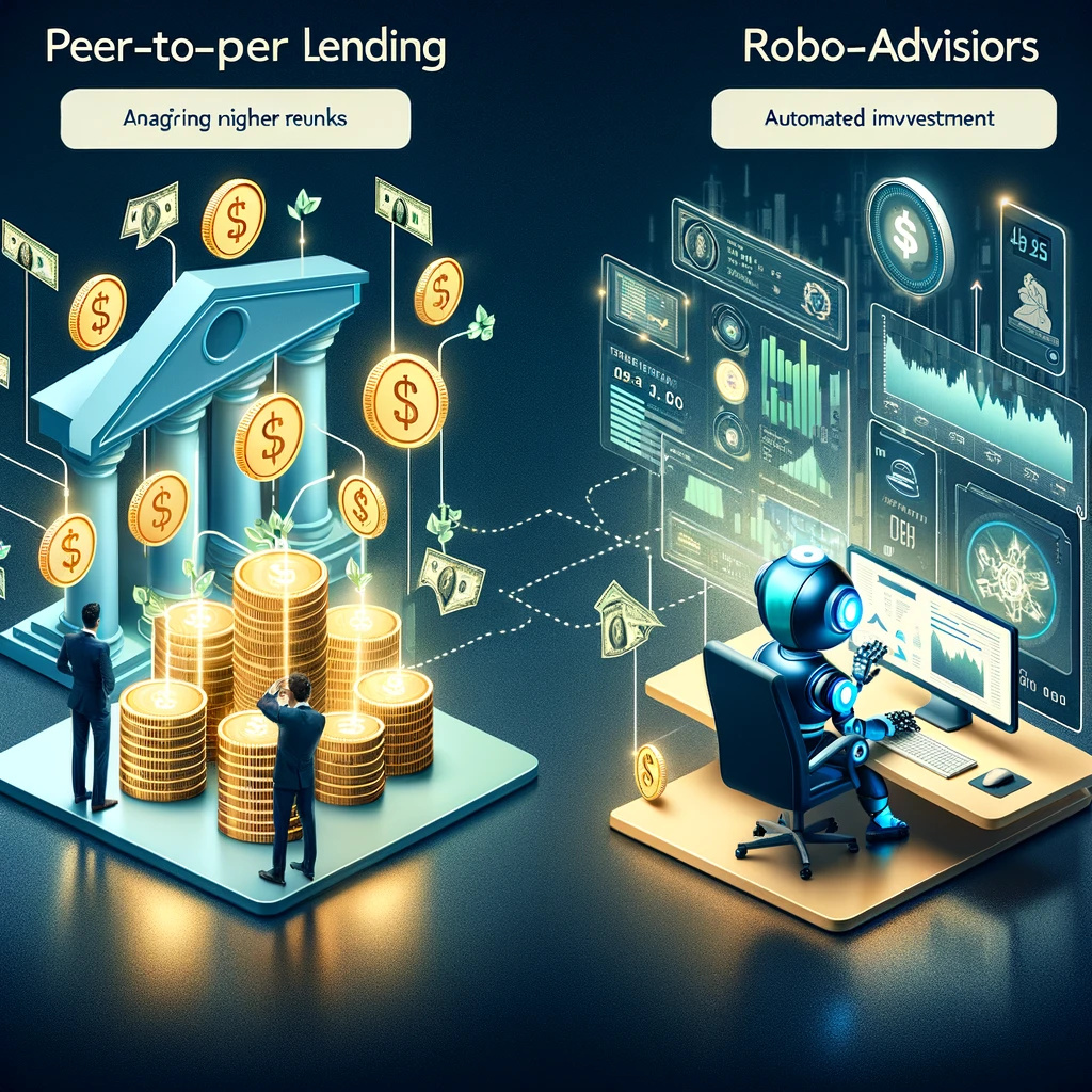 The image creatively depicts an individual engaging in peer-to-peer lending through digital platforms, symbolizing the modern approach to lending and borrowing. Additionally, a robo-advisor is shown managing a diverse investment portfolio, illustrating the concept of automated investment management tailored to individual goals and risk tolerance. 