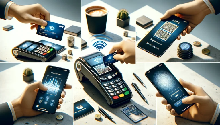 close-up scenes of a POS (Point of Sale) system during different transactions: one with a contactless card for an NFC payment, another with a smartphone conducting an NFC payment, and a third showing a QR code being scanned by another smartphone.