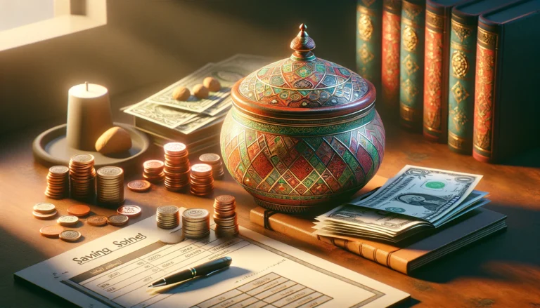 a traditional Arabic money box, known as a sandouk, placed prominently on a wooden desk. The sandouk is intricately decorated with geometric patterns and Arabic calligraphy, reflecting the rich cultural heritage of the Middle East