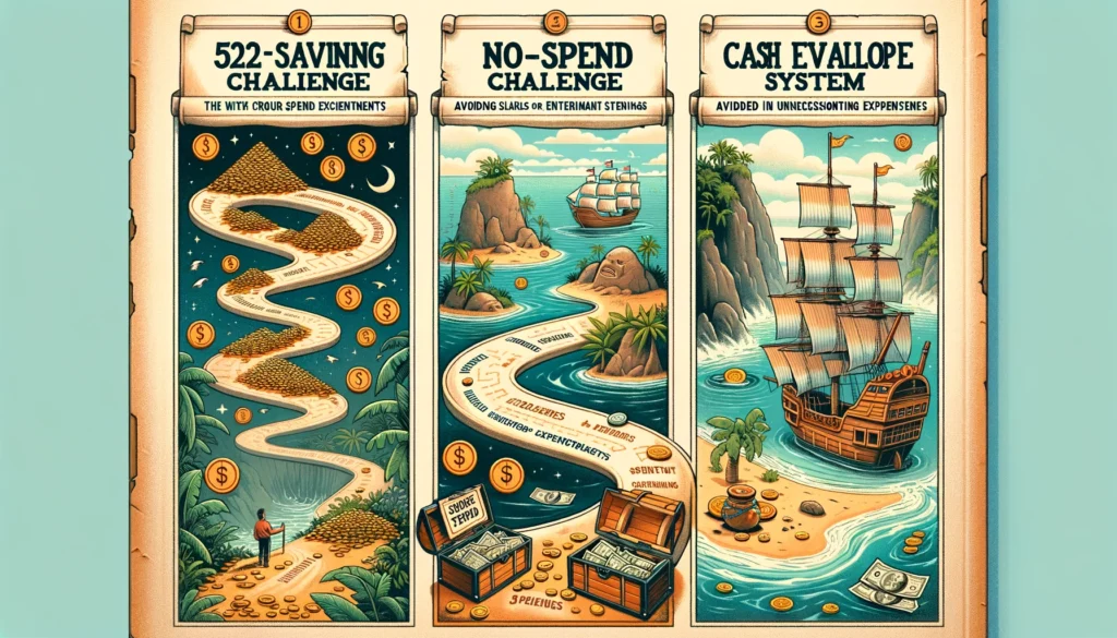 The illustrations creatively depict the three savings techniques—52-Week Savings Challenge, No-Spend Challenges, and the Cash Envelope System—as adventurous and thematic journeys. Each technique is visually represented in a unique and engaging way, emphasizing the adventure, discipline, and reward associated with personal finance management