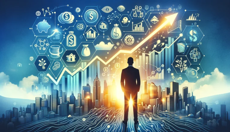 The image visually represent growth and innovation in personal finance management. Include a dynamic background with symbols of progress like upward trending graphs, a diverse portfolio of investments represented by icons (stocks, bonds, real estate, and gold), and a figure or silhouette of a person looking towards a horizon filled with these symbols, symbolizing forward-thinking and planning. The imagery should evoke a sense of optimism and strategic planning, using vibrant colors to attract attention and convey the message of expanding one's savings in innovative ways.