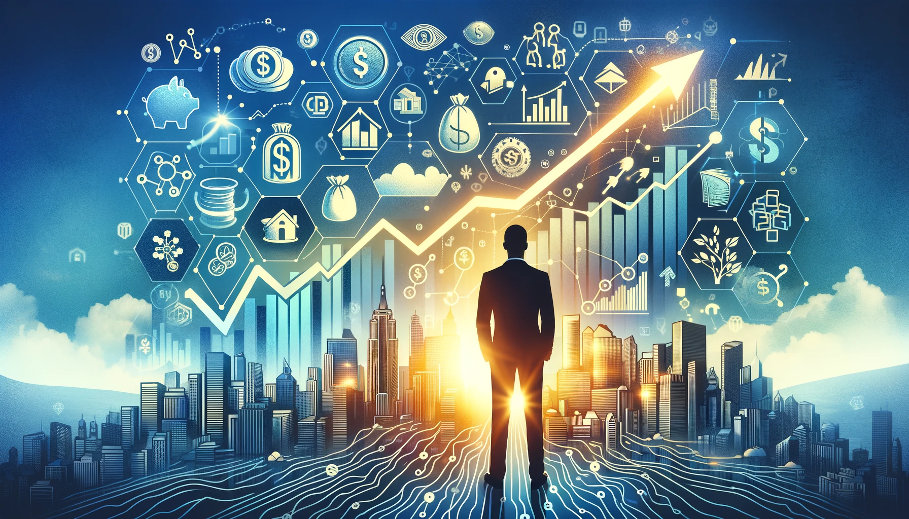 The image visually represent growth and innovation in personal finance management. Include a dynamic background with symbols of progress like upward trending graphs, a diverse portfolio of investments represented by icons (stocks, bonds, real estate, and gold), and a figure or silhouette of a person looking towards a horizon filled with these symbols, symbolizing forward-thinking and planning. The imagery should evoke a sense of optimism and strategic planning, using vibrant colors to attract attention and convey the message of expanding one's savings in innovative ways.