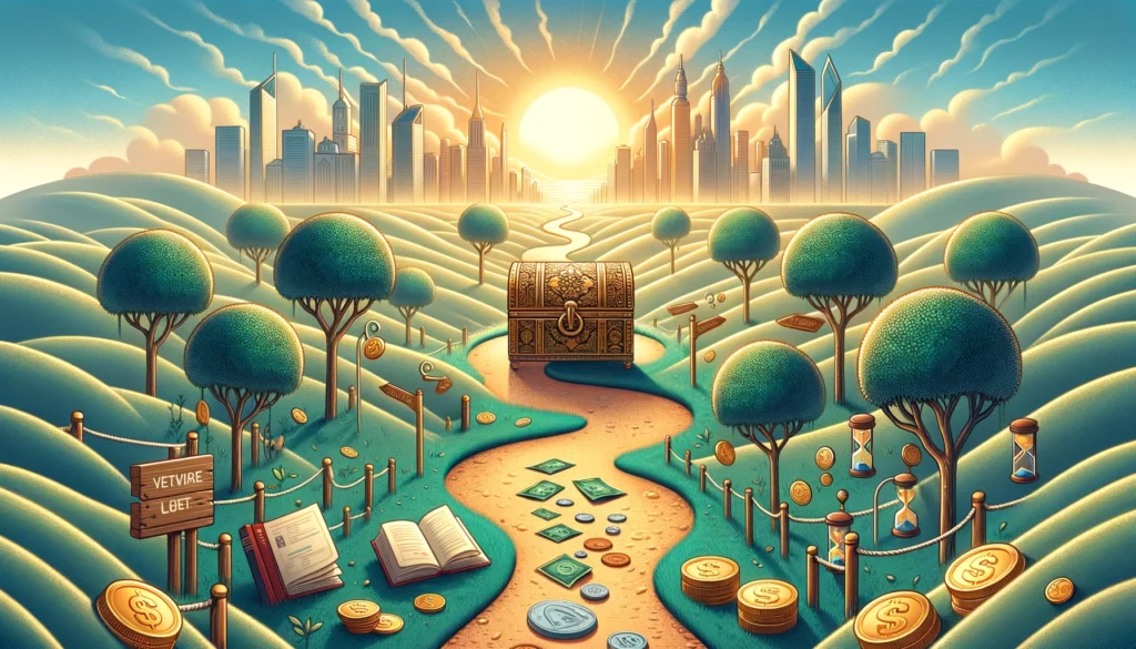 the Sandouk at the start of a path, symbolising the initial step of saving. The journey progresses through a landscape rich in financial growth symbols—trees with leaves of coins and currency notes, and milestones like books, hourglasses, and golden keys, leading to a city skyline under a golden sunrise.