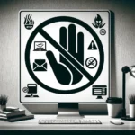 The image depicting a hand making a 'stop' gesture (similar to saying no) towards computer icons or symbols representing common online scams, such as a phishing email, a fake website link, and a scam alert notification.