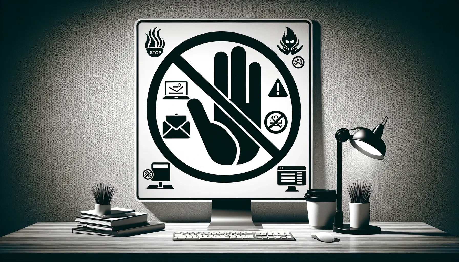 The image depicting a hand making a 'stop' gesture (similar to saying no) towards computer icons or symbols representing common online scams, such as a phishing email, a fake website link, and a scam alert notification.
