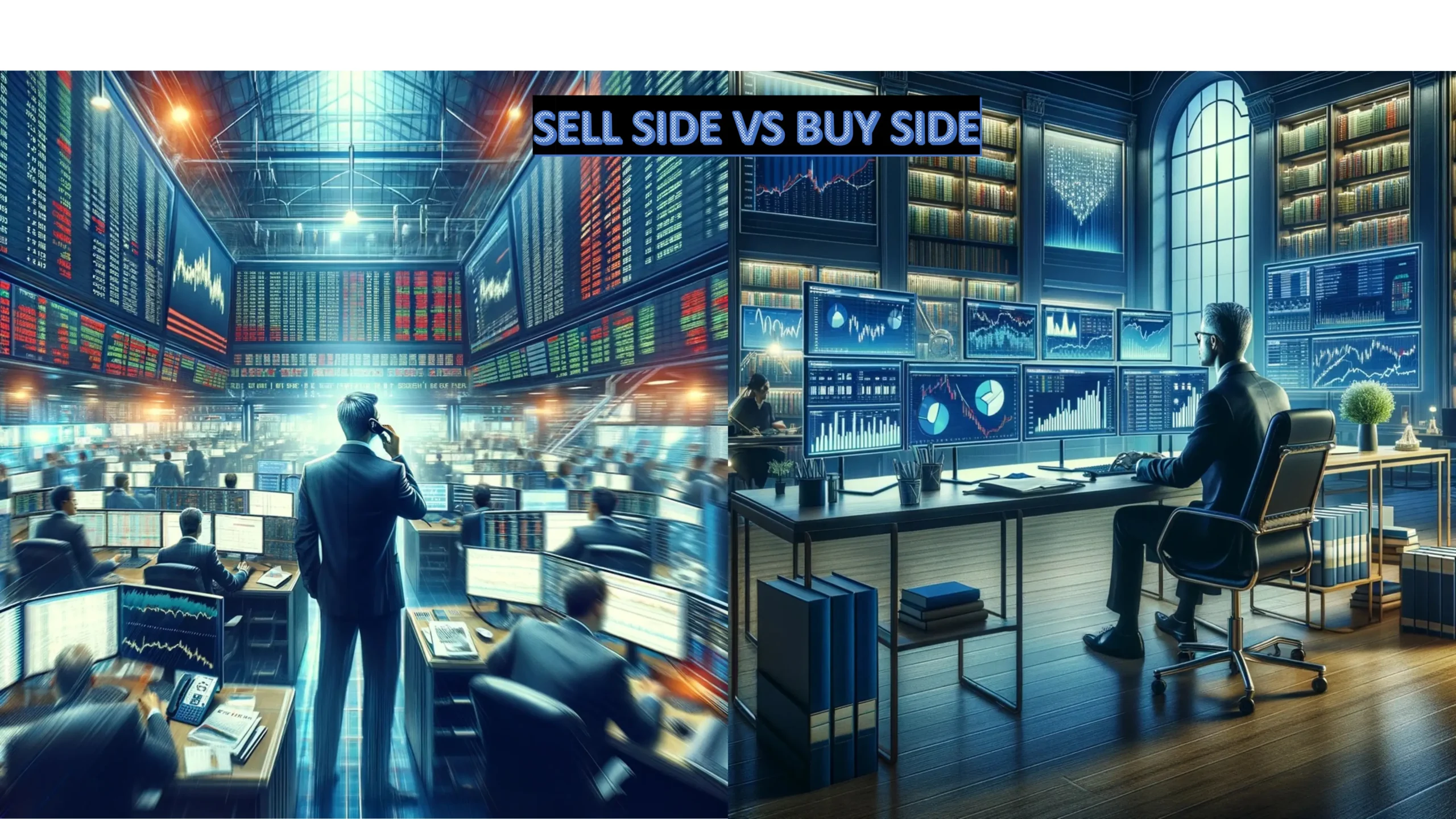 buy side, showcasing a professional investor in a calm and strategic investment planning environment. The second set captures the sell side's dynamic and fast-paced trading floor atmosphere, highlighting the transactional and high-energy nature of stock trading and sales.