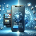 a modern smartphone displays a mobile wallet app screen with virtual credit cards and a digital balance.