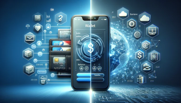 a modern smartphone displays a mobile wallet app screen with virtual credit cards and a digital balance.